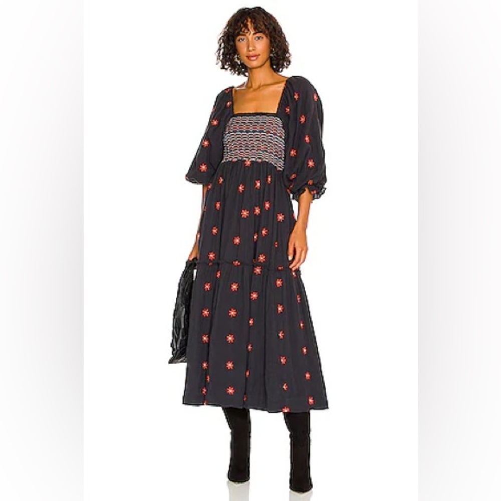 Free People Black Midi Dress with Pink Floral Embroidery